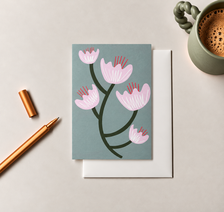 Flowers On Blue Greetings Card